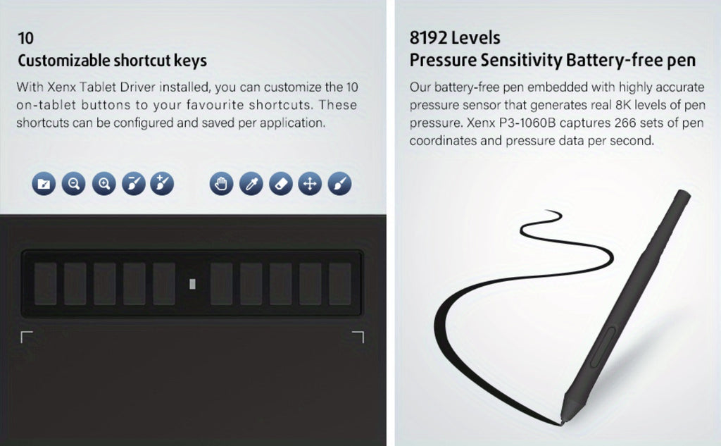 Graphics Drawing Tablet, XENX 10 x 6.22 Inch, 8192 Pressure Sensitivity Battery-Free Passive Stylus