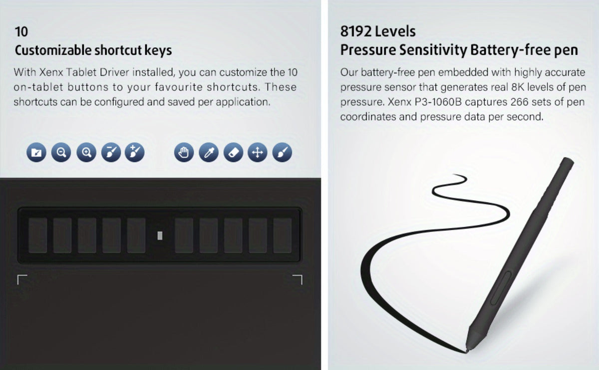 Graphics Drawing Tablet, XENX 10 x 6.22 Inch, 8192 Pressure Sensitivity Battery-Free Passive Stylus