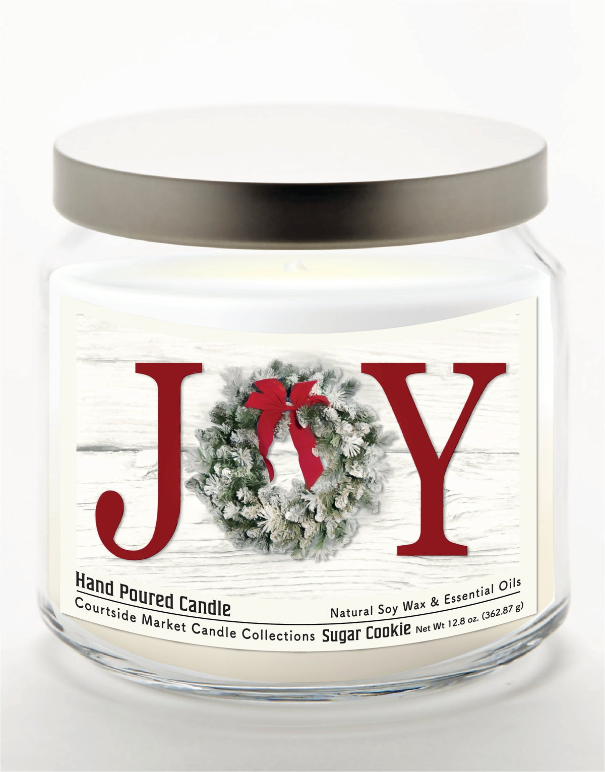 Christmas Joy 12.8 Oz Candle Glass Jar with Brushed Silver Metal Lid
