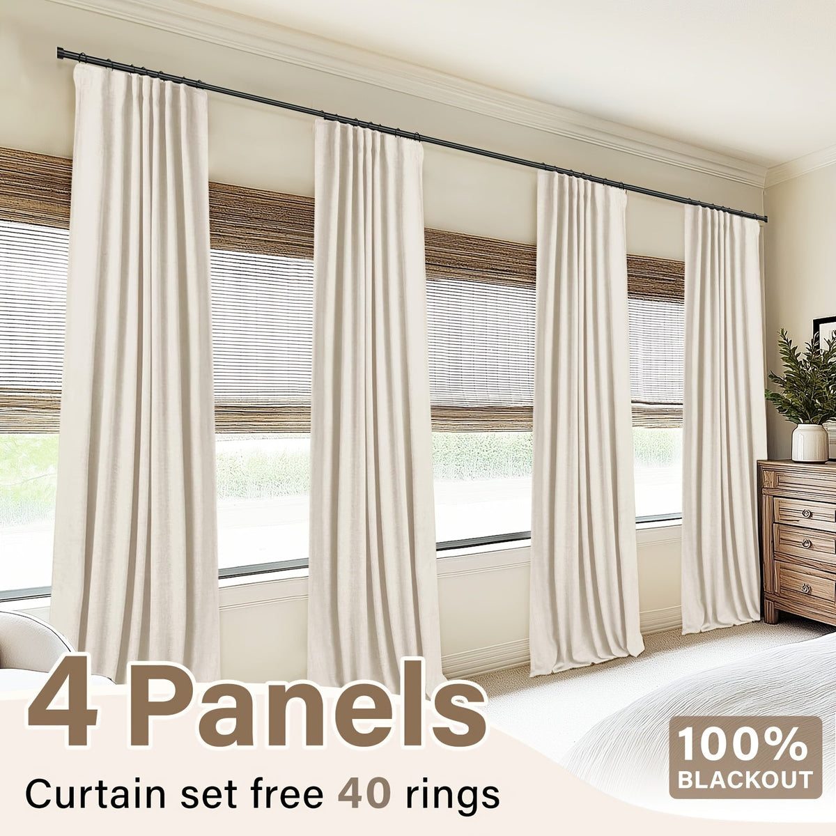 Four Faux Linen Textured Panels with Thermal Insulation and Rod Pockets for Living Room and Bedroom, 100% Blackout Curtains