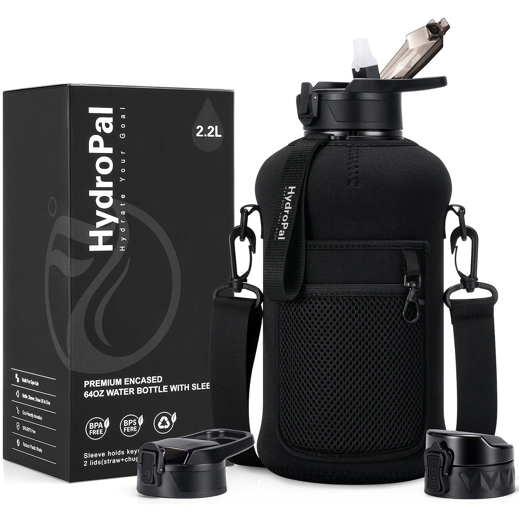 74oz Water Bottle Set with Two-Lid System, Storage Sleeve, Shoulder Strap and Five Sleeve Designs