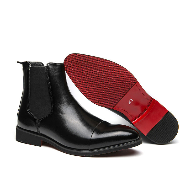 Spitz zulaufende Herren-High-Top-Stiefel aus Leder mit roten Sohlen – Britischer Stil