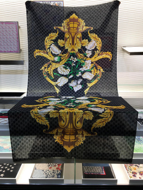 Gucci GG Monogram Baroque Floral 100% Cashmere Scarf – Black & Gold