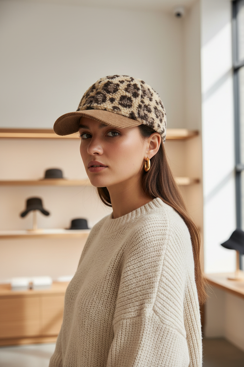Collins Baseballkappe mit Leopardenmuster aus Plüsch – Unisex, ganzjährig tragbar