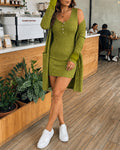 2 Pieces Outfit U-Neck Half Button Front Slim Fit Mini Tank Dress and Long Sleeve Pockets Design Mid-length Cardigan Casual Rhinestone Decor Textured Set