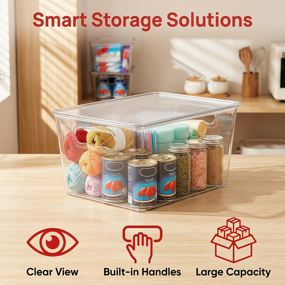 Storage Bins, Ten-Pack Clear Stackable Pantry Containers with Lids and Handles, 11 x 7.5 x 6 Inches