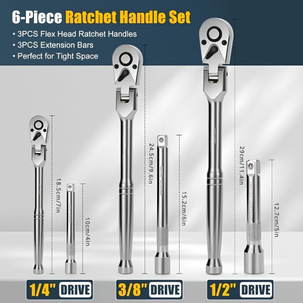 6-Piece Ratchet Wrench Set 1/4" 3/8" 1/2" Drive – Rotating Head Ratchet with Extension Bar, Chrome-Plated Stainless Steel, EVA Foam Storage Case | No Battery Required