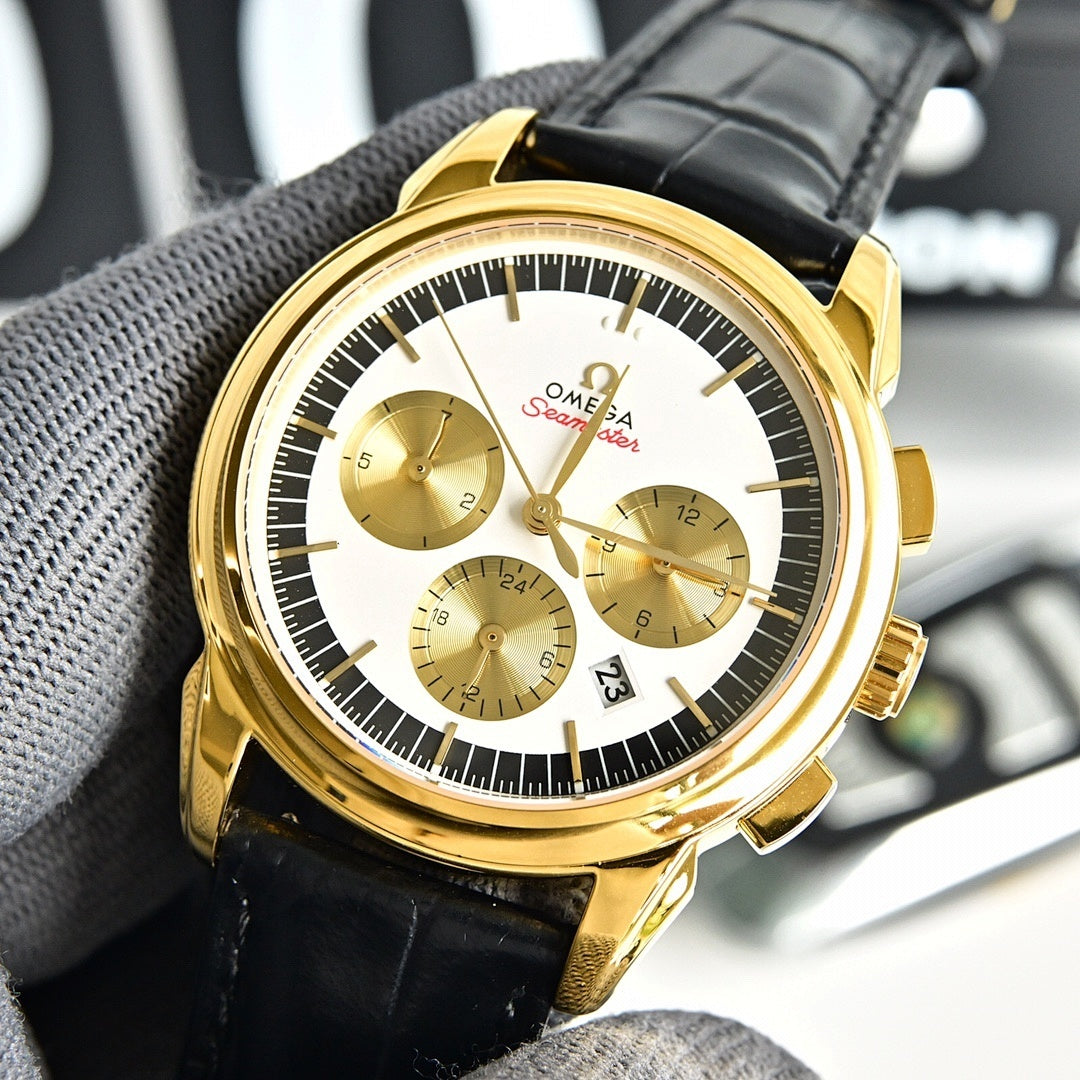 Omega Seamaster Chronograph – Yellow Gold White Dial Gold Sub-Dials Black Chapter Ring Red Script Leather Strap