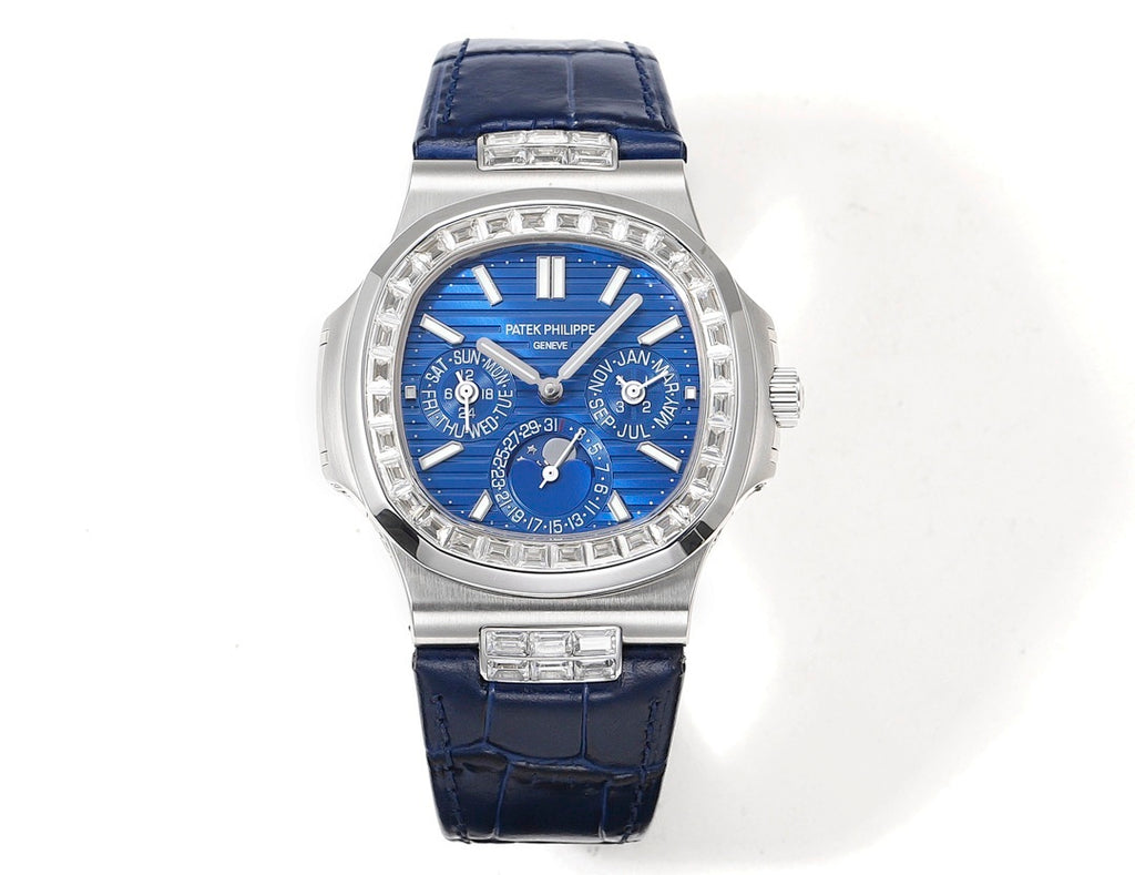 Patek Philippe Nautilus 5726 Annual Calendar – White Gold Baguette Diamond Bezel Blue Dial Moon Phase Blue Crocodile Strap