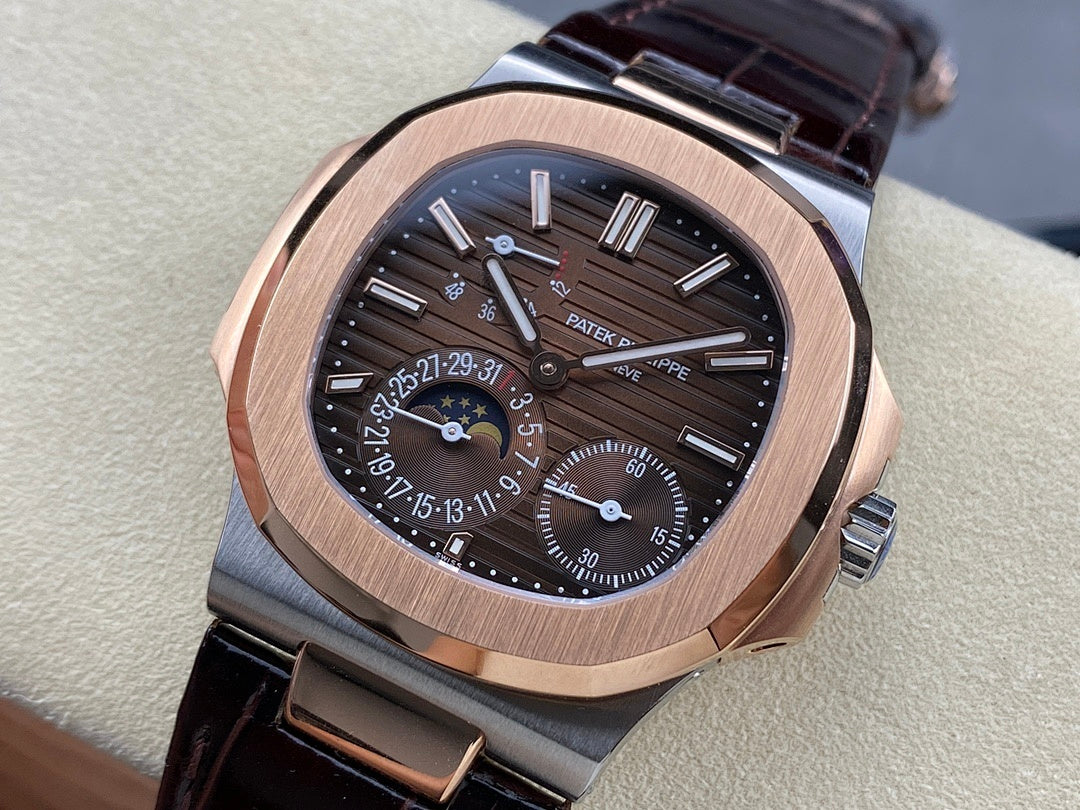 Patek Philippe Nautilus 5712 – Two-Tone Steel Rose Gold Brown Dial Moon Phase Power Reserve Small Seconds Crocodile Strap