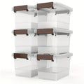 Storage Bins for Small-Item Organization, Six-Pack Clear Stackable Boxes with Brown Latches and Lid Handles