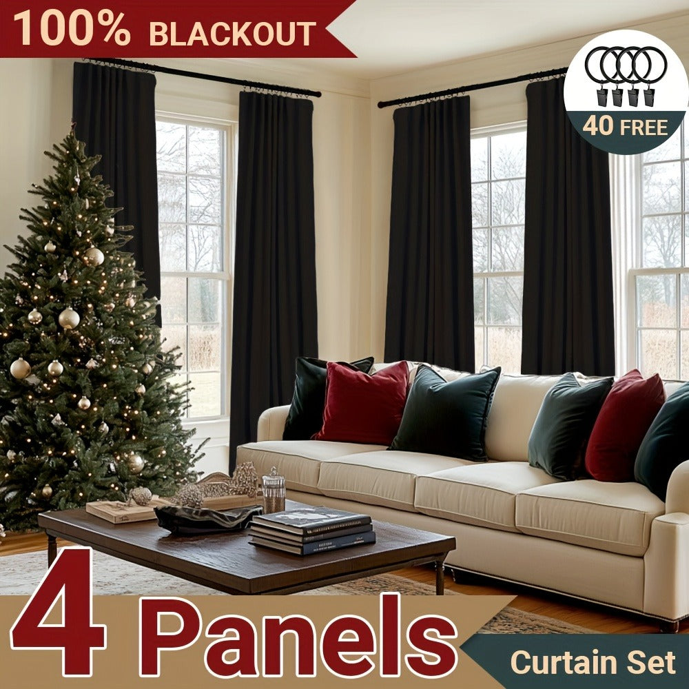 Four Faux Linen Textured Panels with Thermal Insulation and Rod Pockets for Living Room and Bedroom, 100% Blackout Curtains