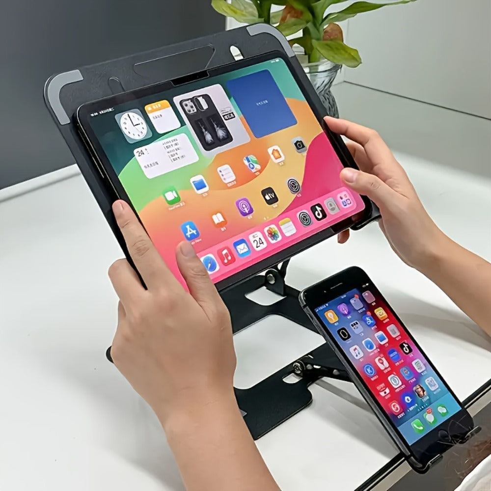 2-in-1 Laptop and Phone Stand with Adjustable Foldable Metal Frame in Silver or Black for Desk Use
