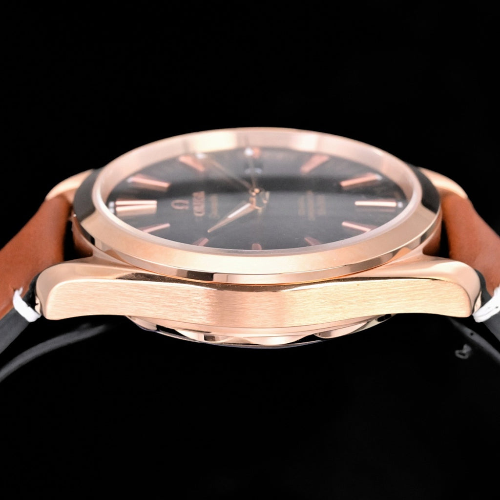 Omega Seamaster Aqua Terra – Rose Gold Black Sunburst Dial Rose Gold Indices Arrow Hands Date Tan Leather Strap