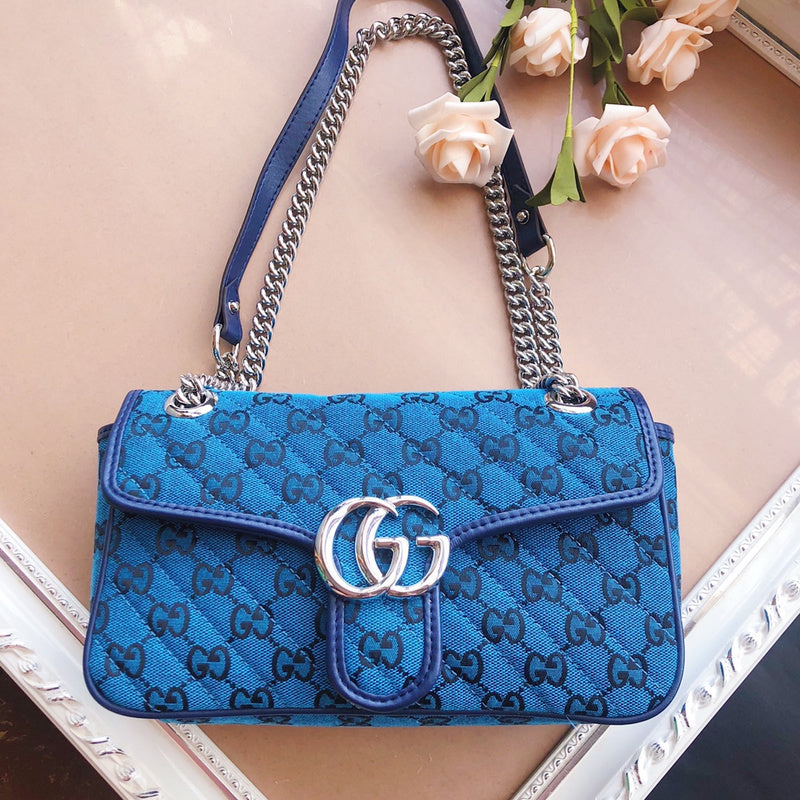 Gucci GG Marmont Small Shoulder Bag – Quilted GG Canvas Pink Purple & Green Navy