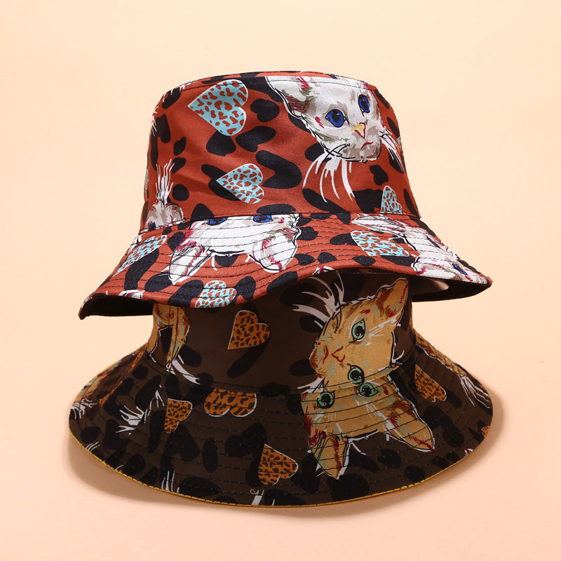 Doppelseitiger Baumwoll-Fischerhut mit Katzen-Print – faltbar, Unisex