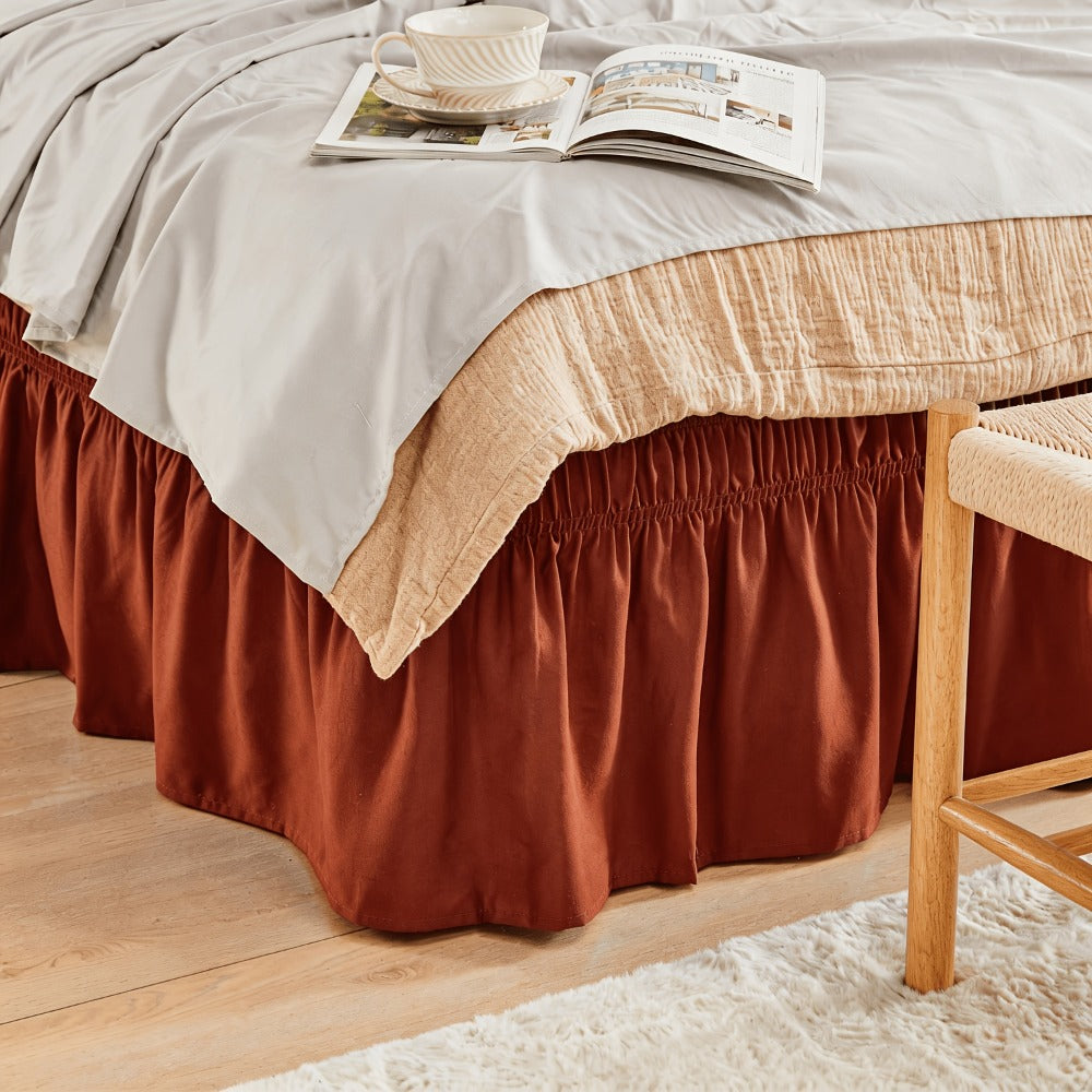 Bed Skirt Elastic Wrap Around Ruffle - 15 Inch Drop Microfiber Dust Ruffle, Adjustable No-Lift Fit, Fade Resistant Machine Washable, Hotel Quality Bedskirt for Twin Full Queen King, 30 Colors