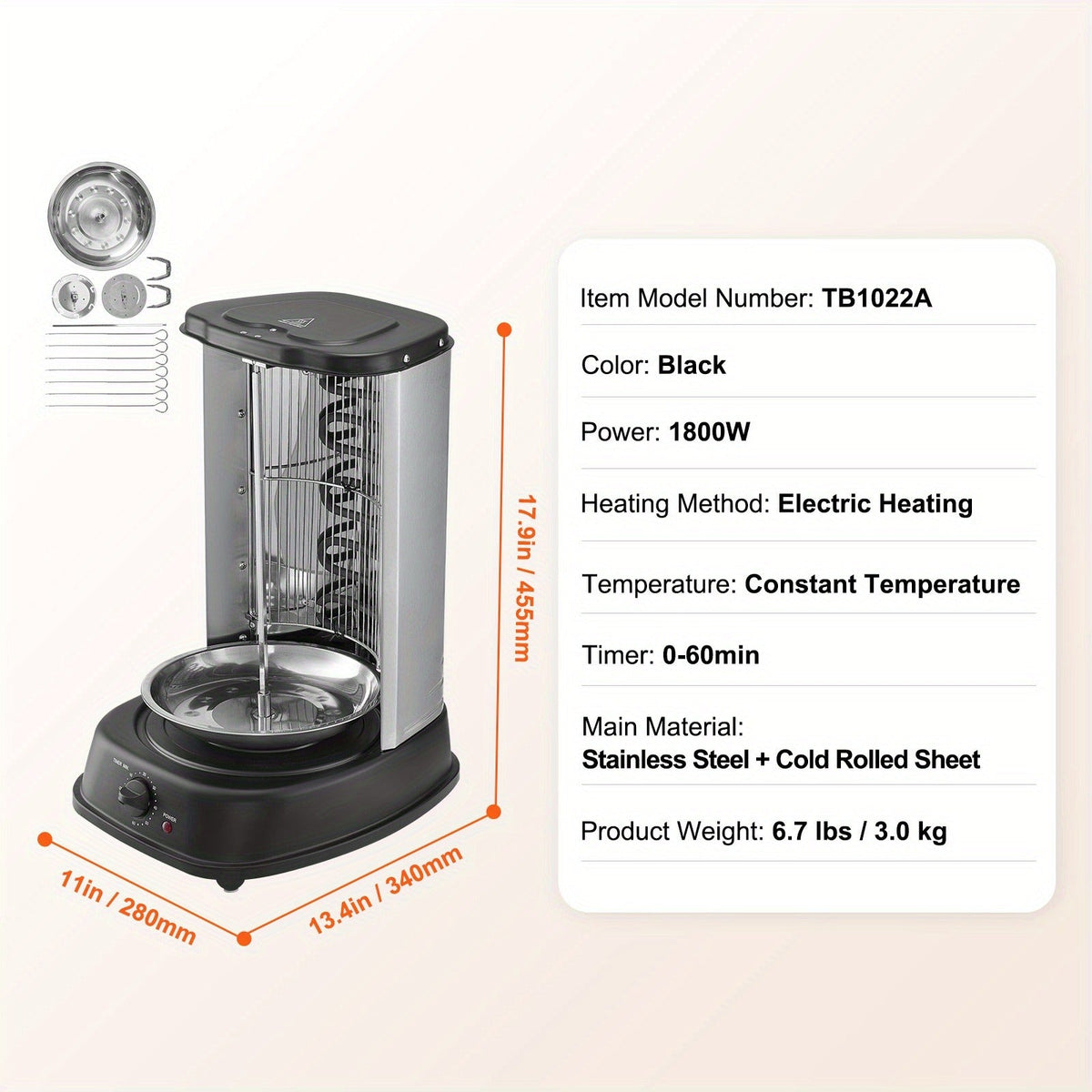 Vertical Shawarma Grill Machine, Electric Gyro Rotisserie Oven with Countertop Broiler for Home Cooking, Dining and Outdoor Meals