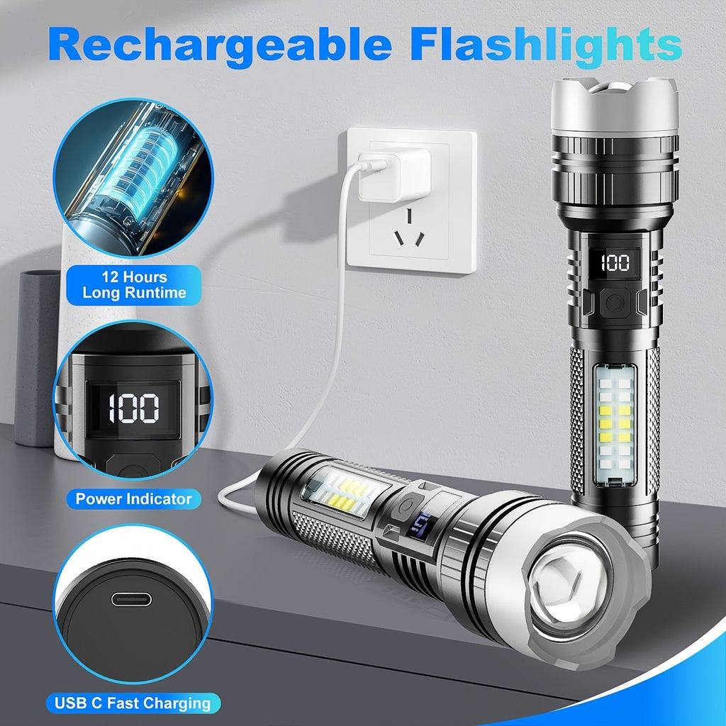 Flashlight 2000-Lumen 2-Pack with Five Modes, COB Side Light, Type-C Charging and Power Display
