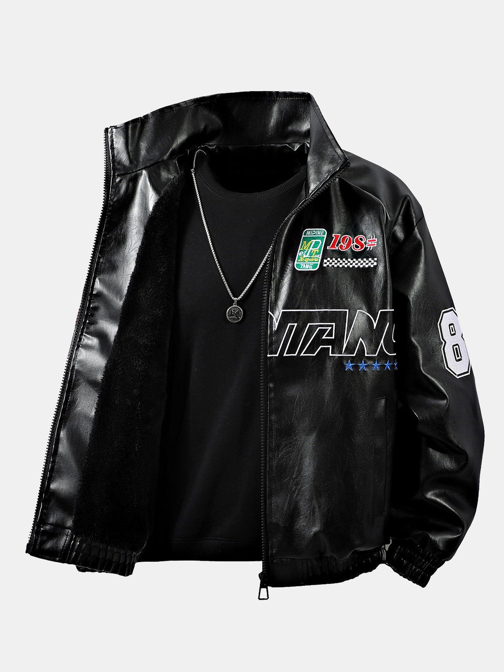 Fleece Lined Embroidery Leather Racing Jacket