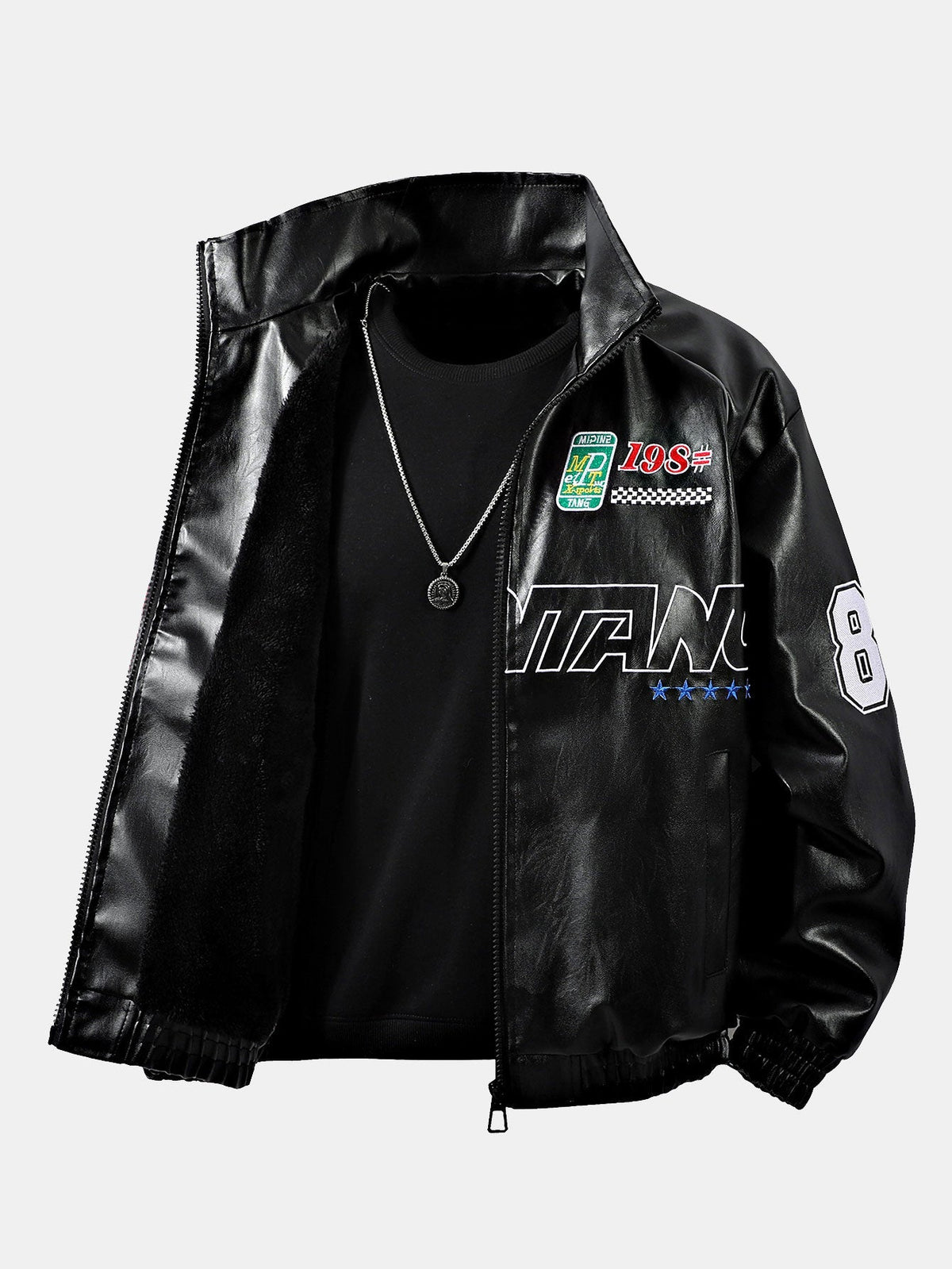 Fleece Lined Embroidery Leather Racing Jacket