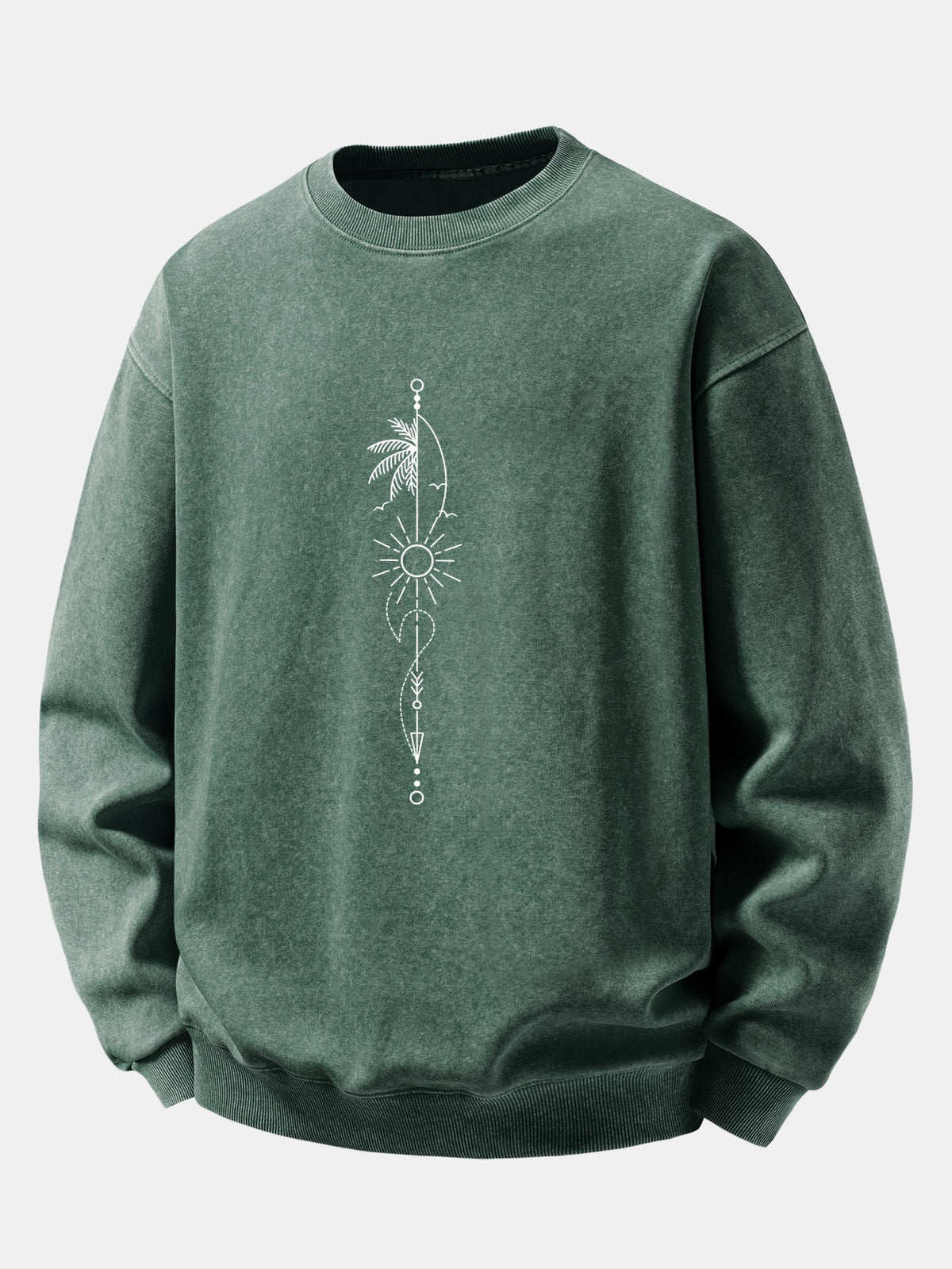 Relaxed Fit Sun Palm Tree Arrow Print Washed Distressed Sweatshirt