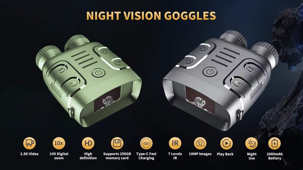 Compact Digital Night Vision Binoculars in Green, Black or Yellow with 2.4-Inch Screen, 10X Zoom and Seven IR Levels