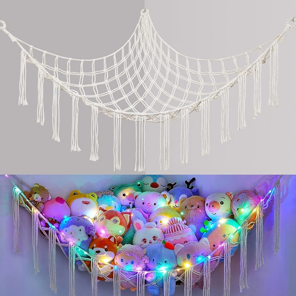 Stuffed Animal Storage Hammock with Lights Corner Hanging Toy Net Organizer for Nursery for Entryways, Bedrooms and Living Spaces