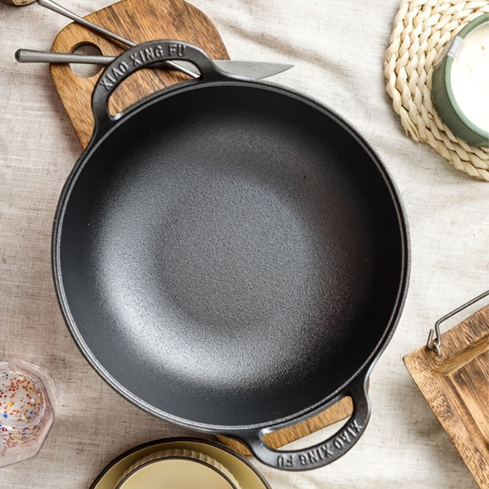 Cast Iron Wok Skillet Non-Stick Deep Stir Fry Pan with Dual Handles - Uncoated Traditional for Home Cooking, Dining and Outdoor Meals