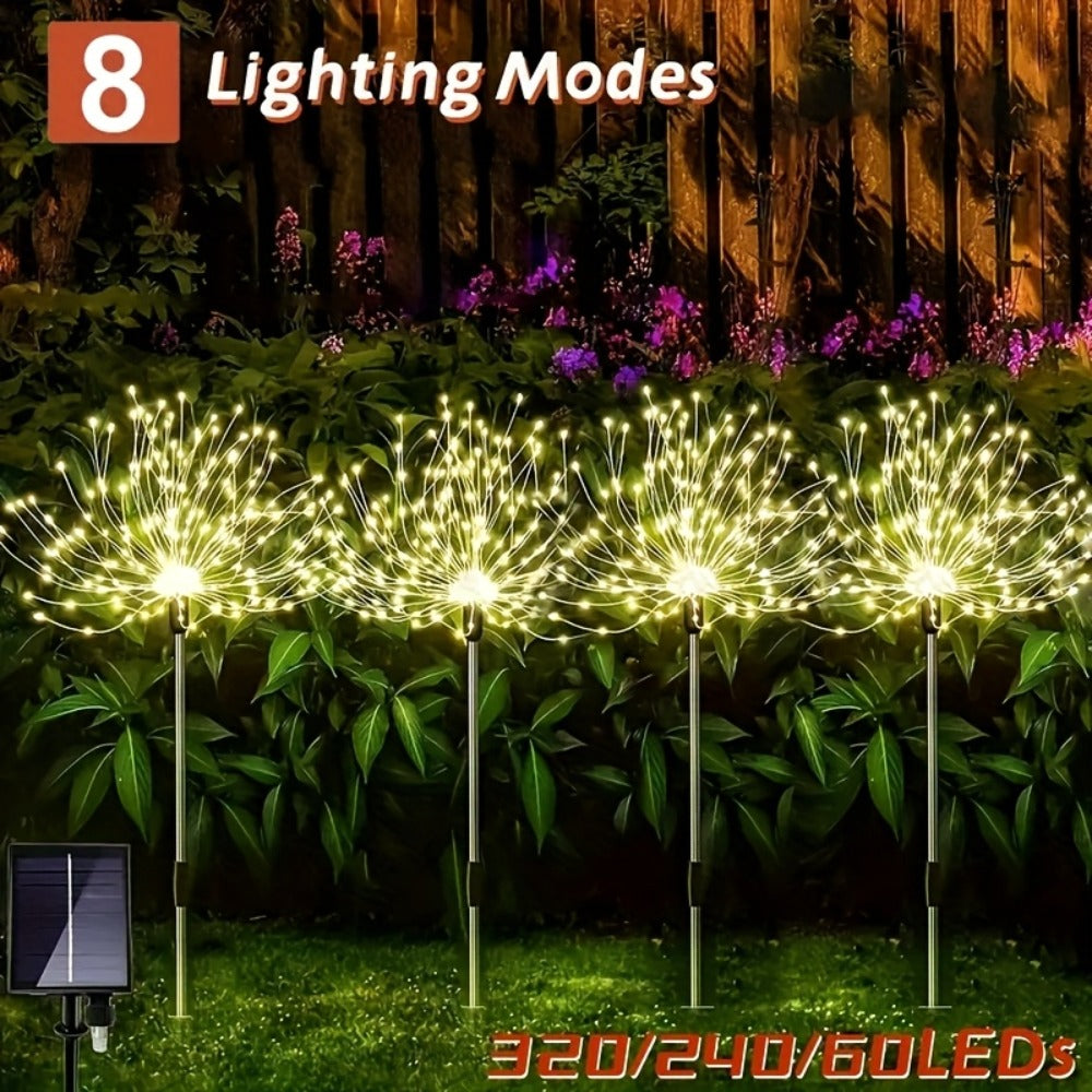 Solar Garden Lights, Four-Pack Firework-Style Outdoor Stakes with Eight Modes and Multicolor LEDs
