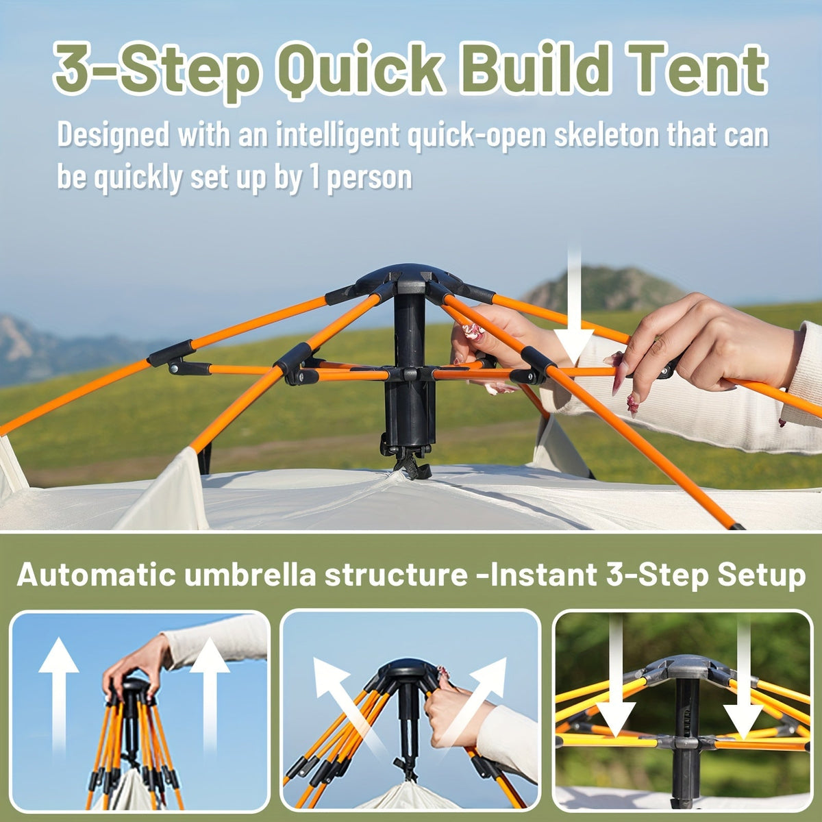 Camping Tent, One-to-Three or Three-to-Four-Person Pop-Up Outdoor Shelter with Dual Doors for Camp Setup