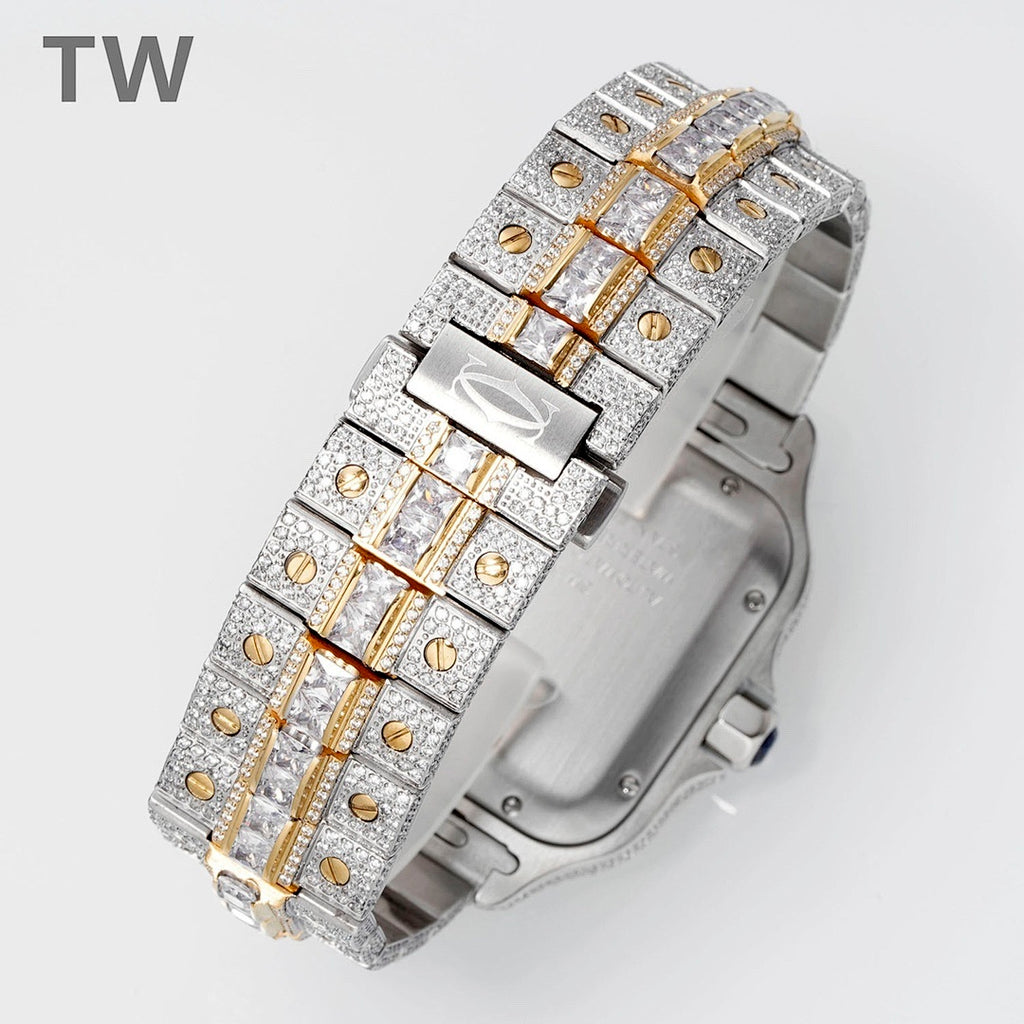 Cartier Santos Iced Out – Two-Tone Diamond Pavé Case & Bracelet Arabic Numeral Diamond Dial Date