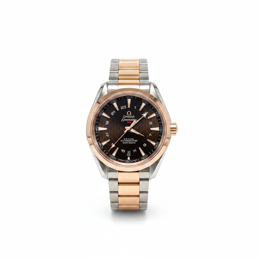 Omega Seamaster Aqua Terra GMT – Two-Tone Steel Rose Gold Brown Teak Dial Red GMT Hand Date Two-Tone Bracelet