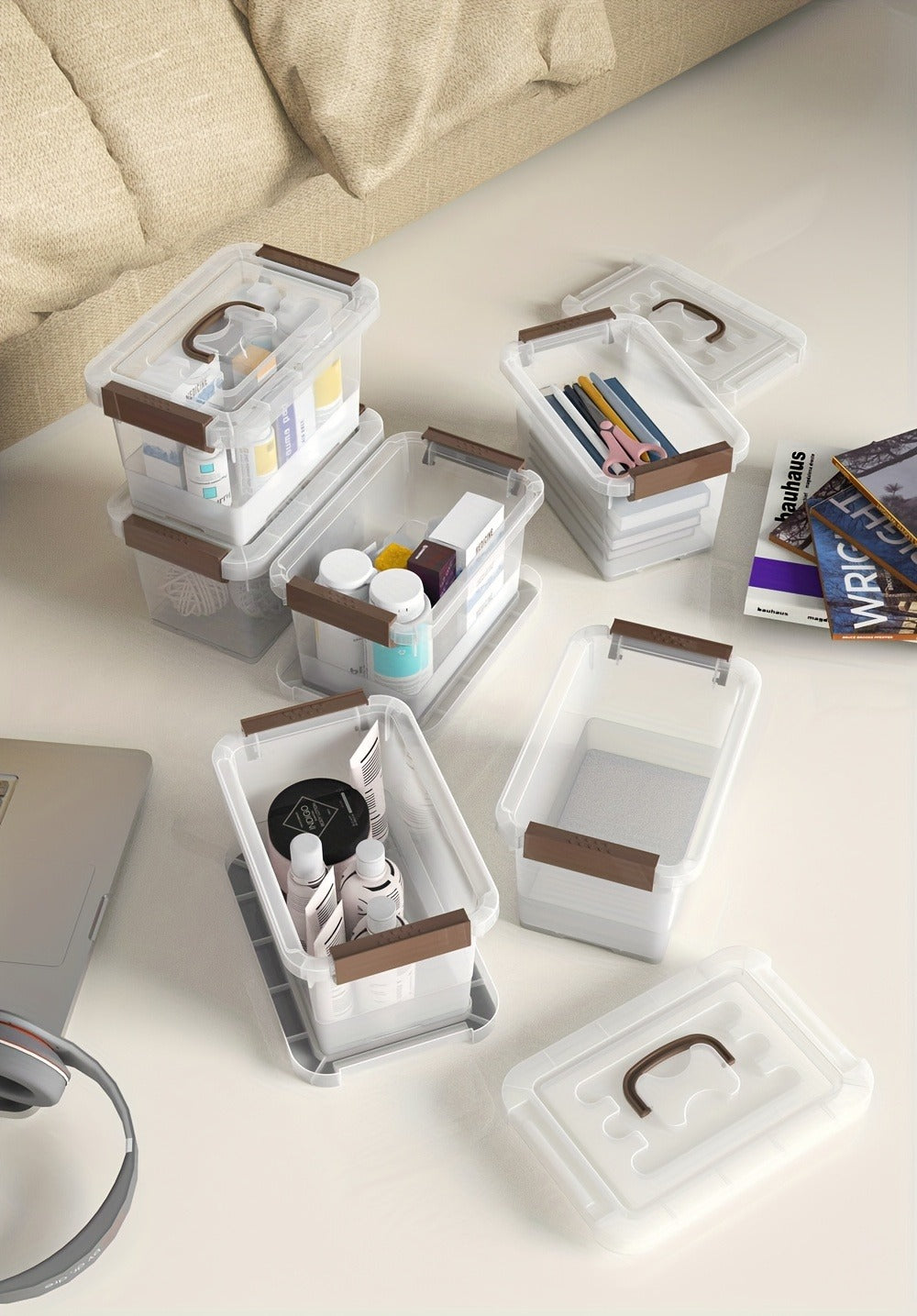 Storage Bins for Small-Item Organization, Six-Pack Clear Stackable Boxes with Brown Latches and Lid Handles