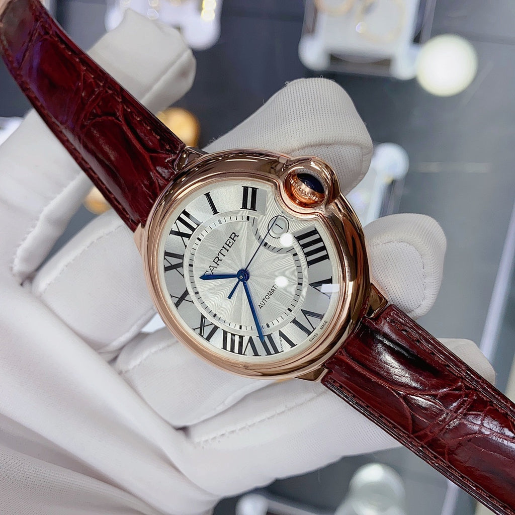 Cartier Ballon Bleu – Rose Gold White Guilloché Dial Roman Numerals Blue Sword Hands Burgundy Crocodile Strap Automatic