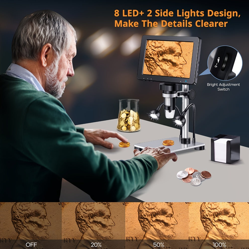 DM9 7-Inch Digital Microscope with Eight Lens LEDs, Two Side Lights and Tilting Screen for Coin and PCB Inspection