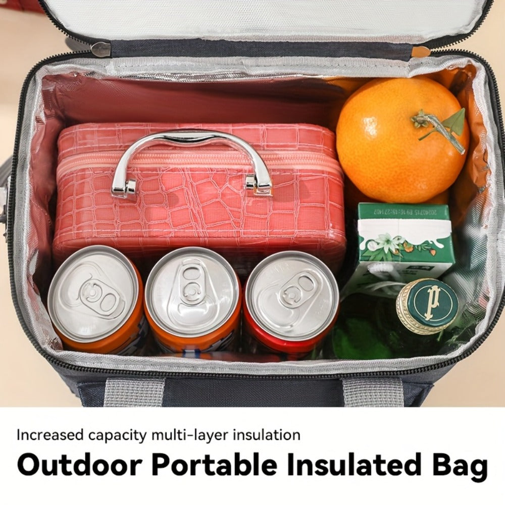 Double-Layer Lunch Bag Tote with Upper and Lower Compartments, Shoulder Strap and Four Colors