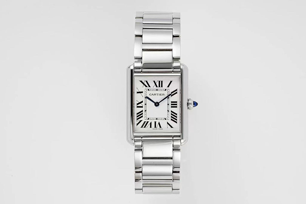 Cartier Tank – Steel White Roman Numeral Dial Blue Sword Hands Sapphire Crown Steel Bracelet