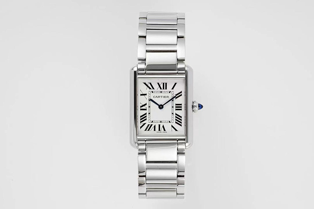 Cartier Tank – Steel White Roman Numeral Dial Blue Sword Hands Sapphire Crown Steel Bracelet