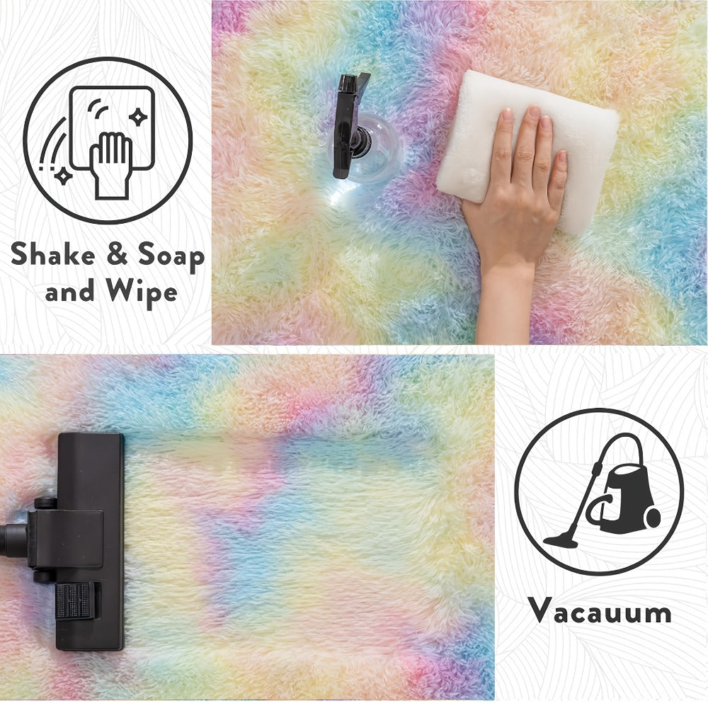 Area Rug Rainbow Tie-Dye Shag with Four Machine-Washable Sizes for Bedroom, Living Room or Office