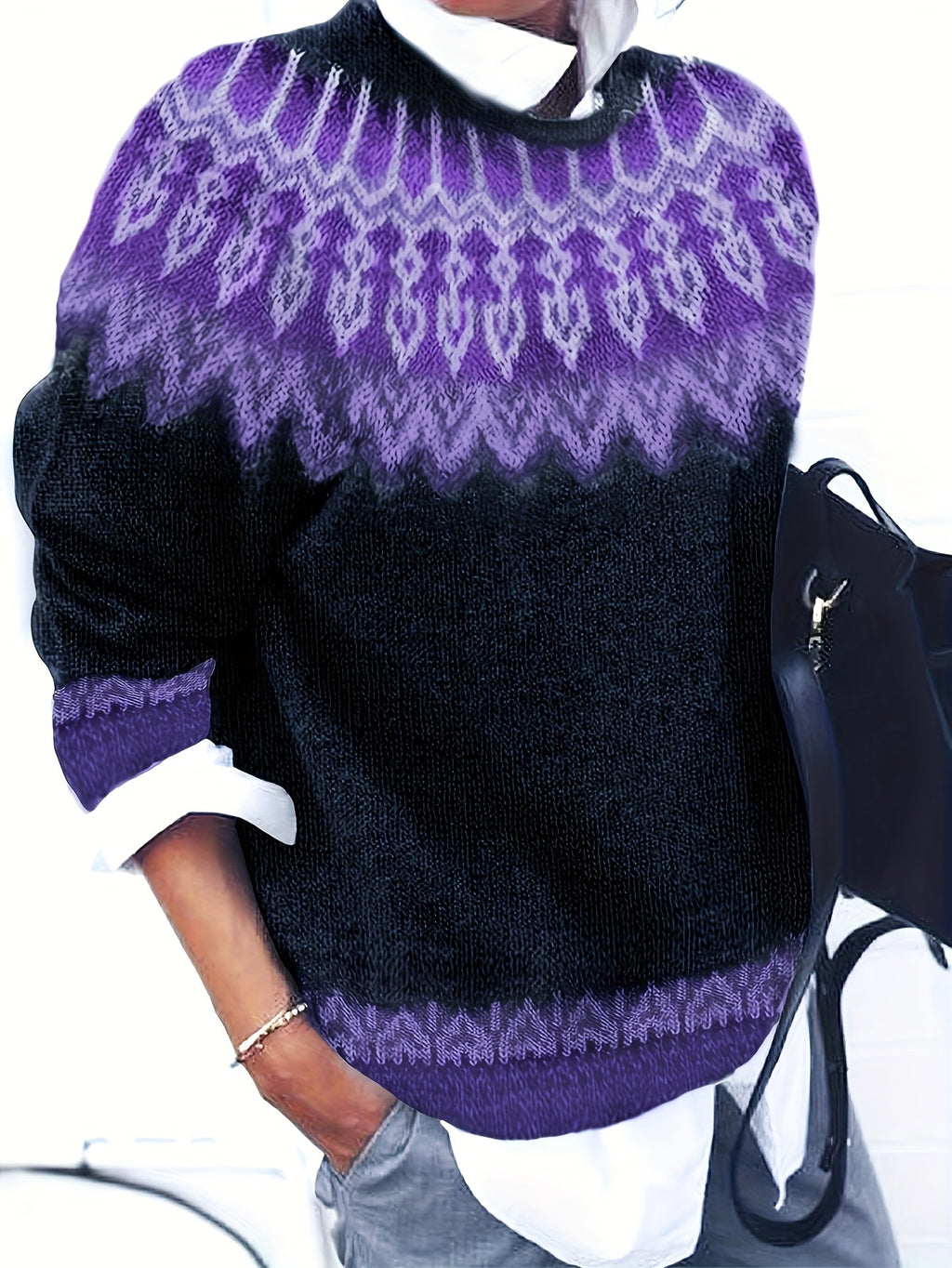 Sylvia | Grobstrick-Jacquardpullover mit Rundhalsausschnitt