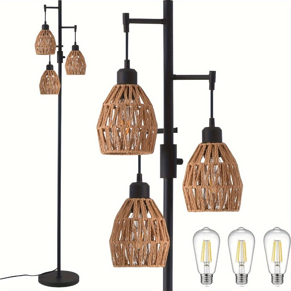 Boho Dimmable 3-Light Stepless Dimming Standing Lamp, Dining Room Warm Bohemian Home Lighting, Rattan Floor Lamp