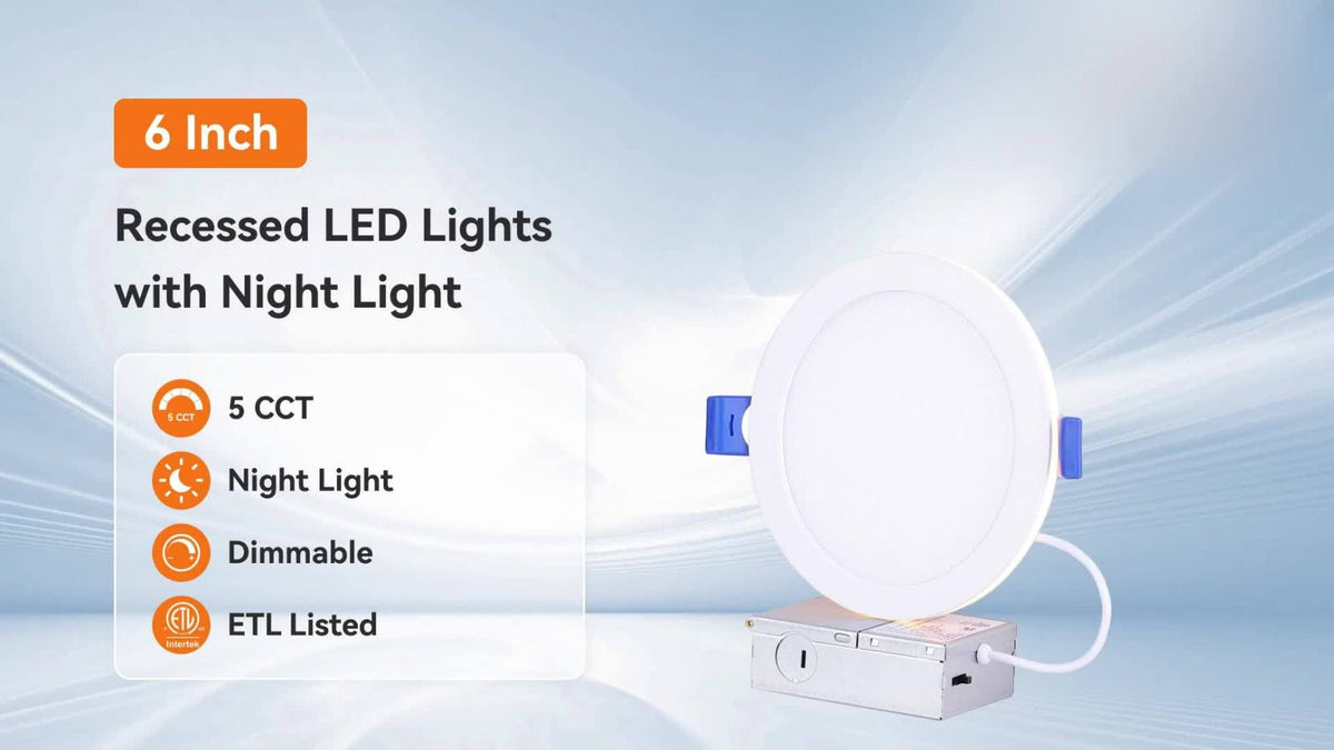 6 Inch LED Recessed Light 5CCT Selectable Dimmable - 12W 1050LM, 2700K-5000K, ETL Listed Slim Canless Downlight for Kitchen