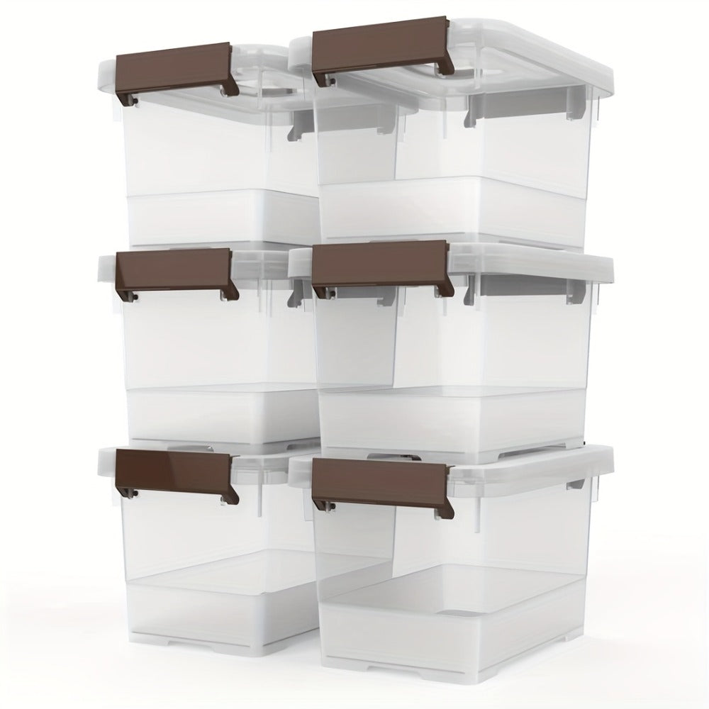 Storage Bins for Small-Item Organization, Six-Pack Clear Stackable Boxes with Brown Latches and Lid Handles