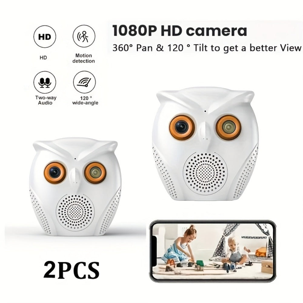 Security Camera Owl-Shaped Two-Pack with Human Detection, USB Power, Motion Alarm and Black or White Options