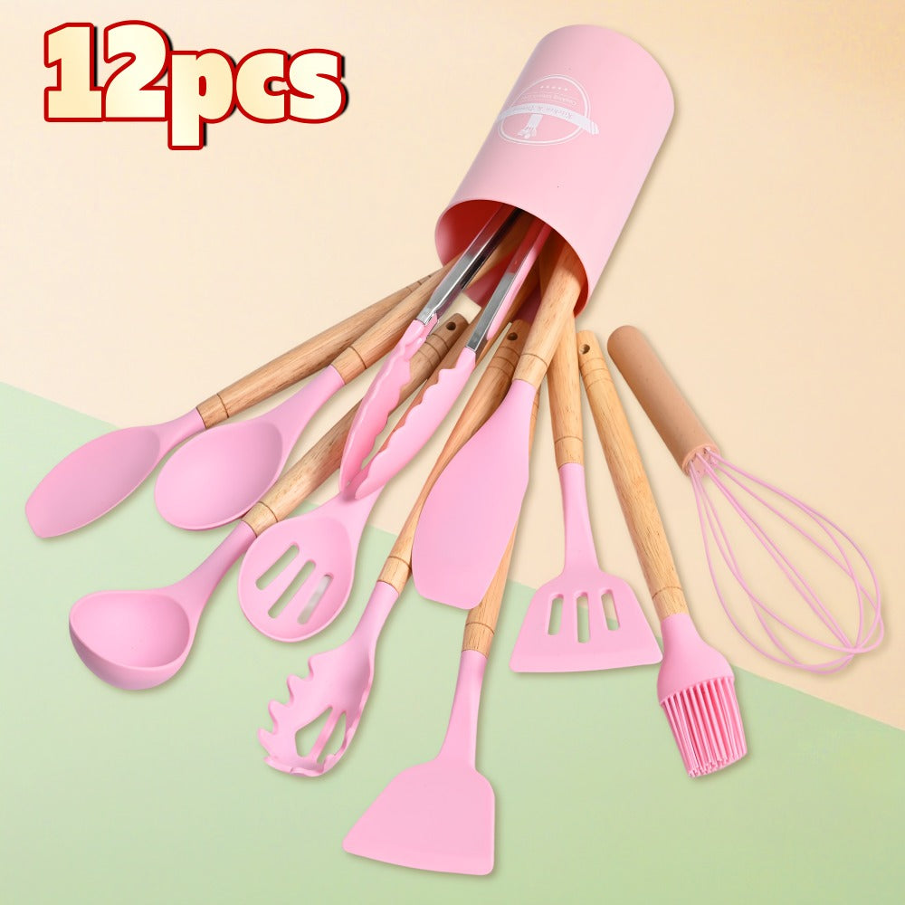 Silicone Kitchen Utensil Set 12PCS with Wooden Handle - Heat Resistant Non-Stick Safe for Home Cooking, Dining and Outdoor Meals