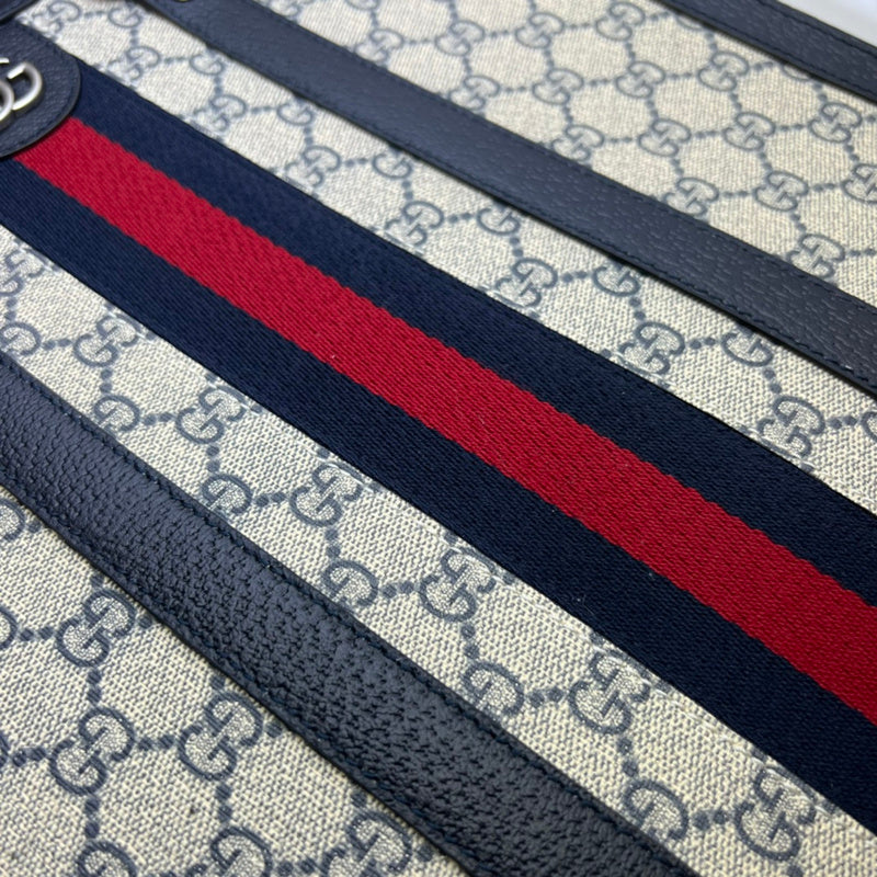 Gucci Ophidia GG Supreme Medium Tote Bag – Navy Leather Trim Web Stripe Silver GG