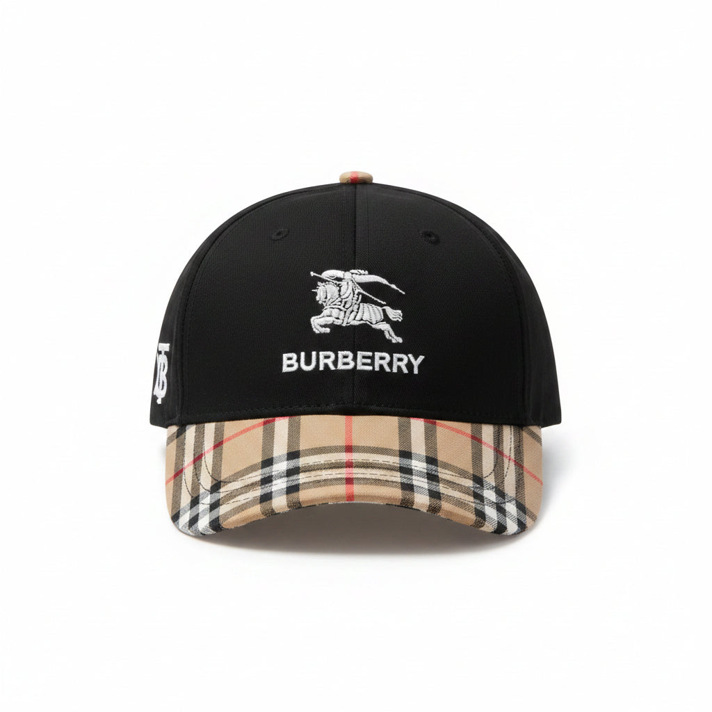 Luxury Black Heritage Check Brim Baseball Cap with Embroidered Knight Logo