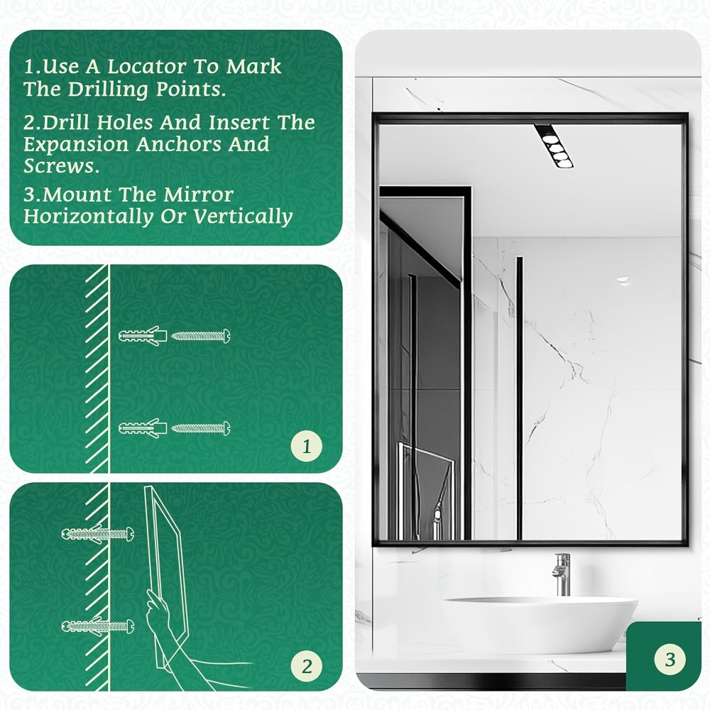 Bathroom Mirror with Rectangular Metal Frame, Horizontal or Vertical Wall Mounting in Three Finishes