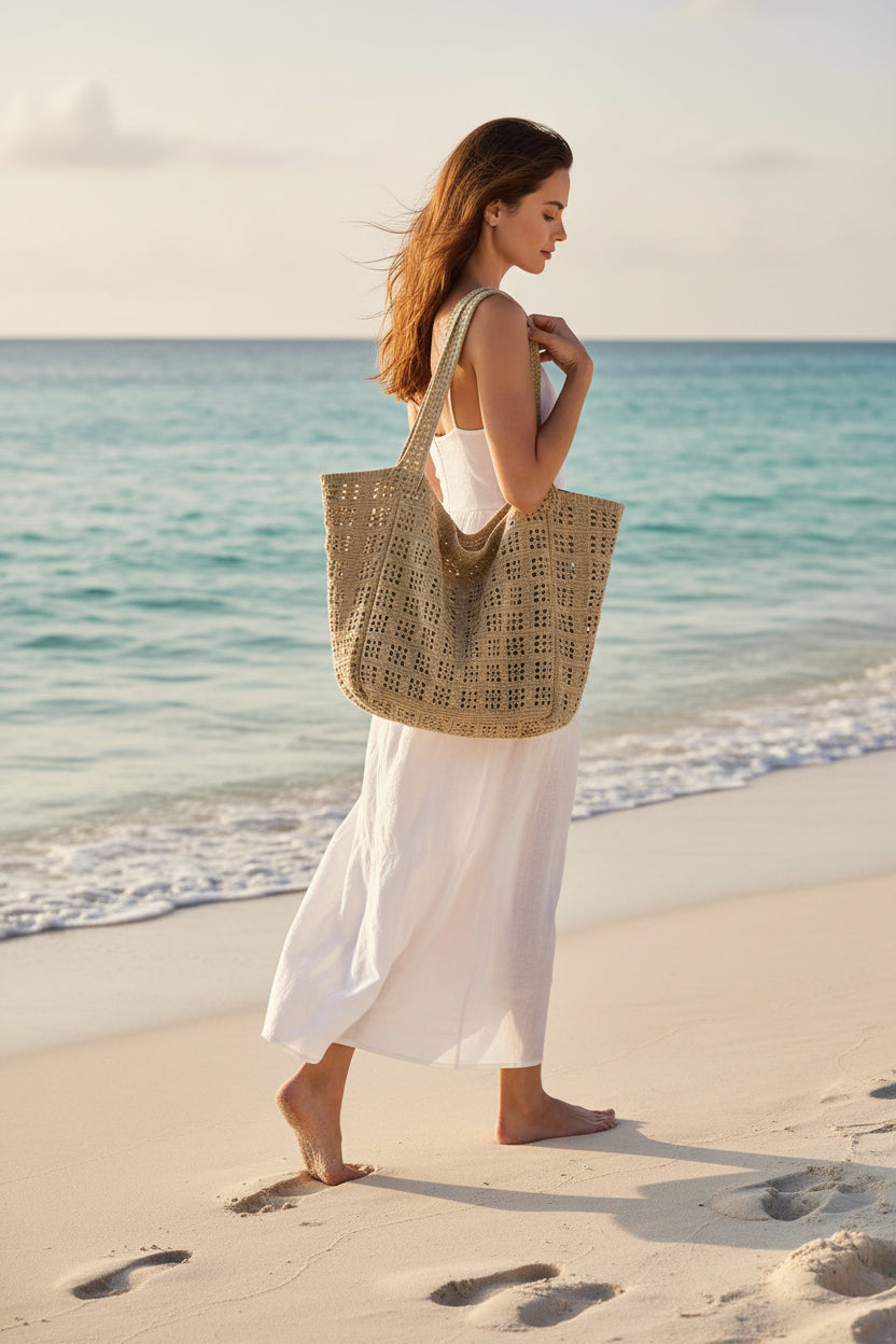 Women's Khaki Open-Weave Crochet Tote Beach Bag